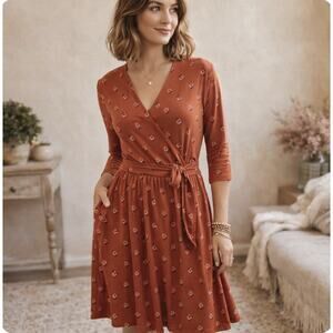 Matilda Jane faux Wrap LS dress Sz M Modal cotton Floral Comfort Quality Logo